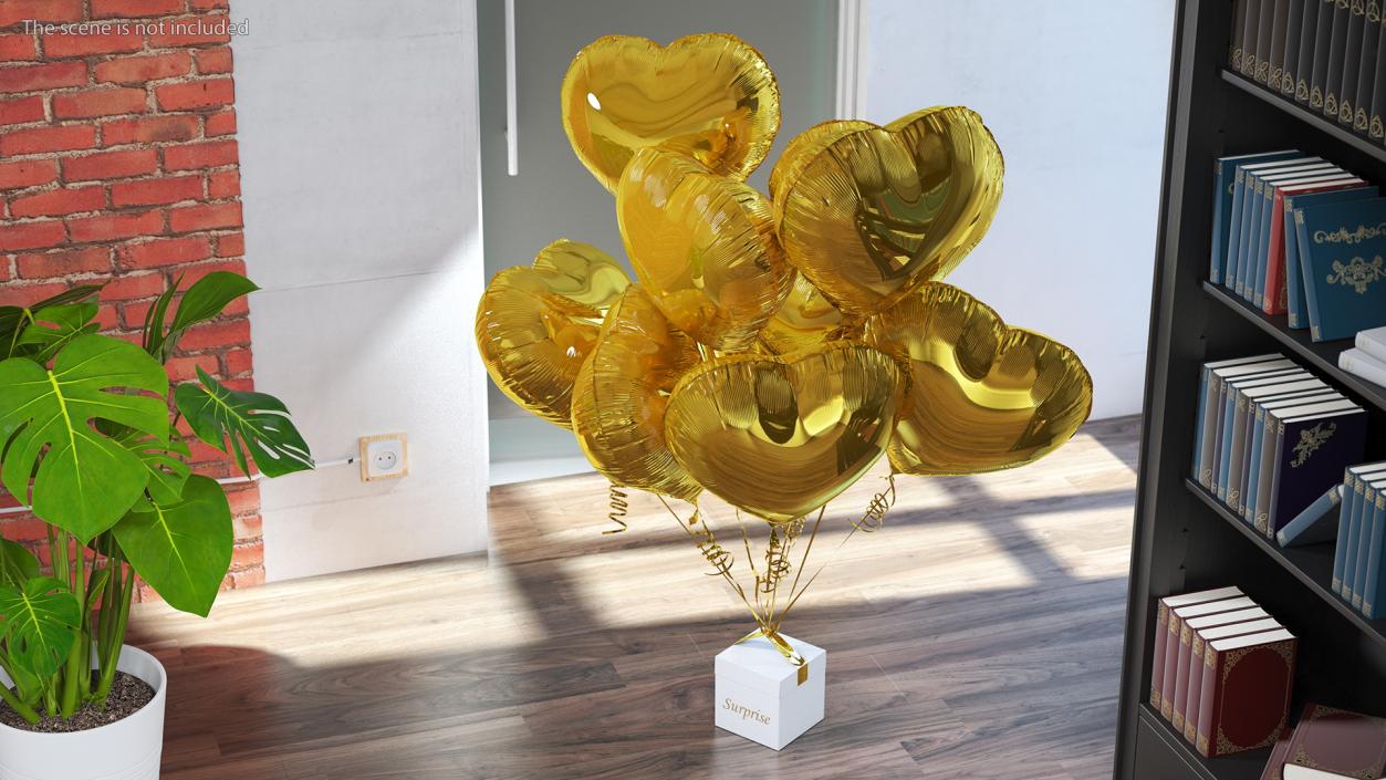 Bouquet of Gold Heart Balloons with Gift Box 3D model