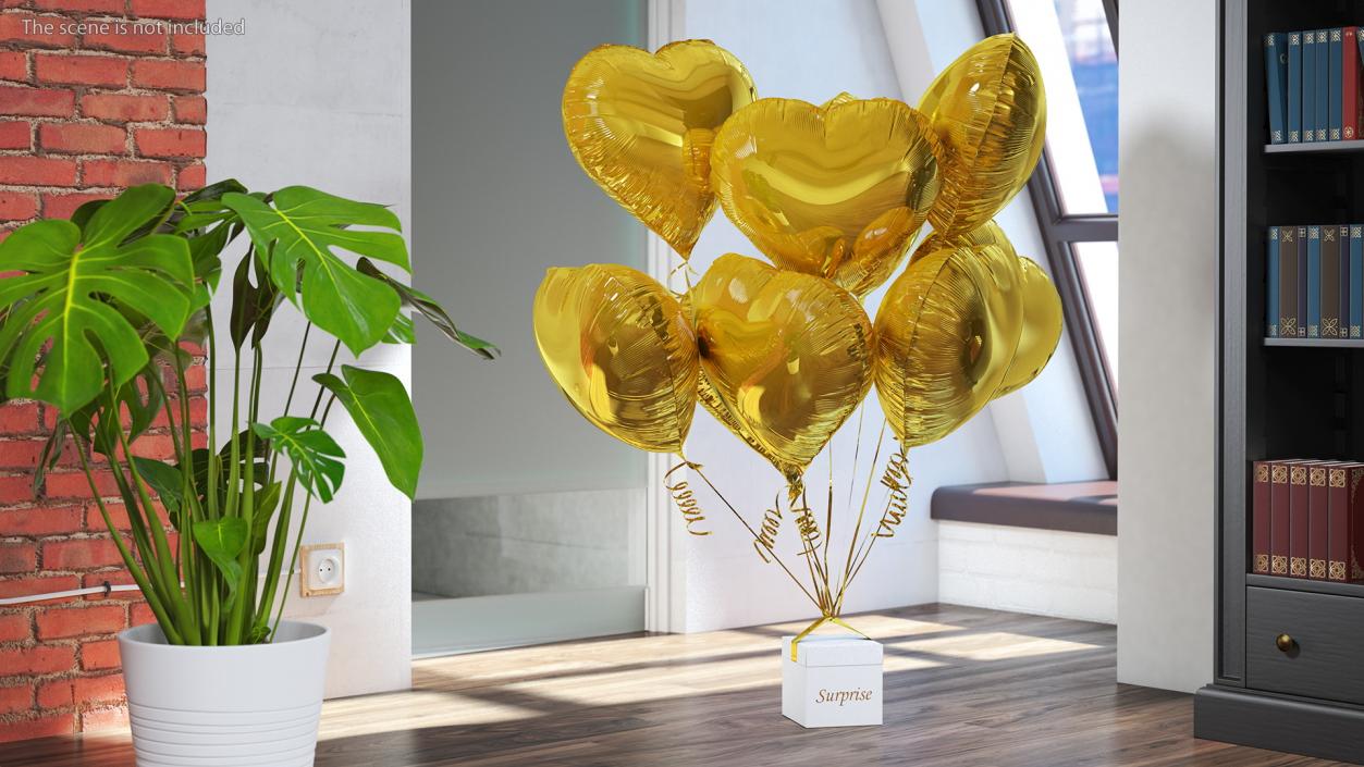 Bouquet of Gold Heart Balloons with Gift Box 3D model