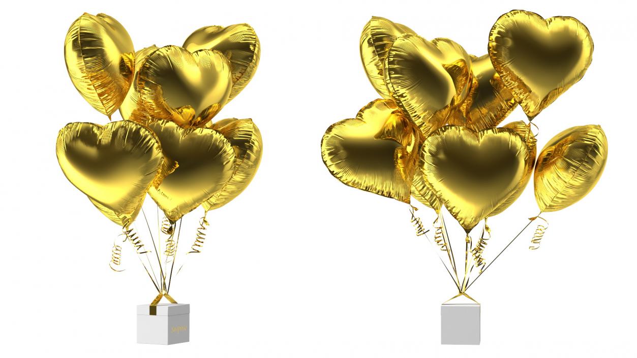 Bouquet of Gold Heart Balloons with Gift Box 3D model