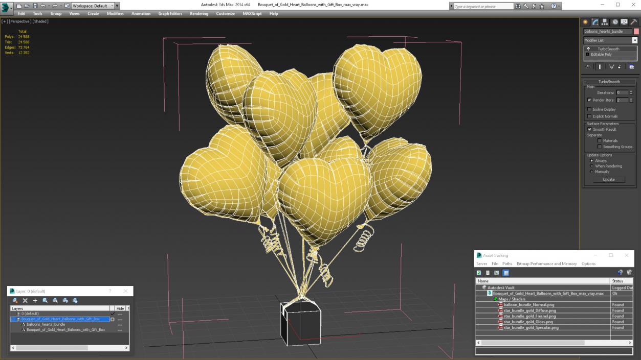 Bouquet of Gold Heart Balloons with Gift Box 3D model