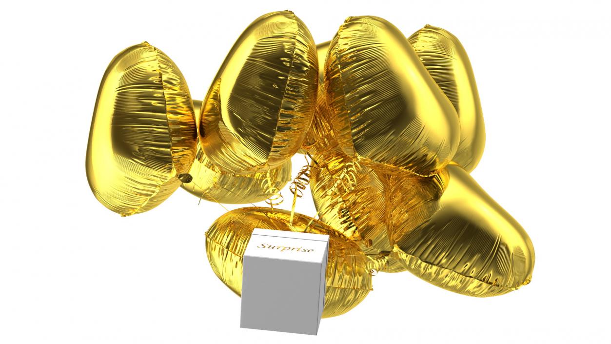 Bouquet of Gold Heart Balloons with Gift Box 3D model