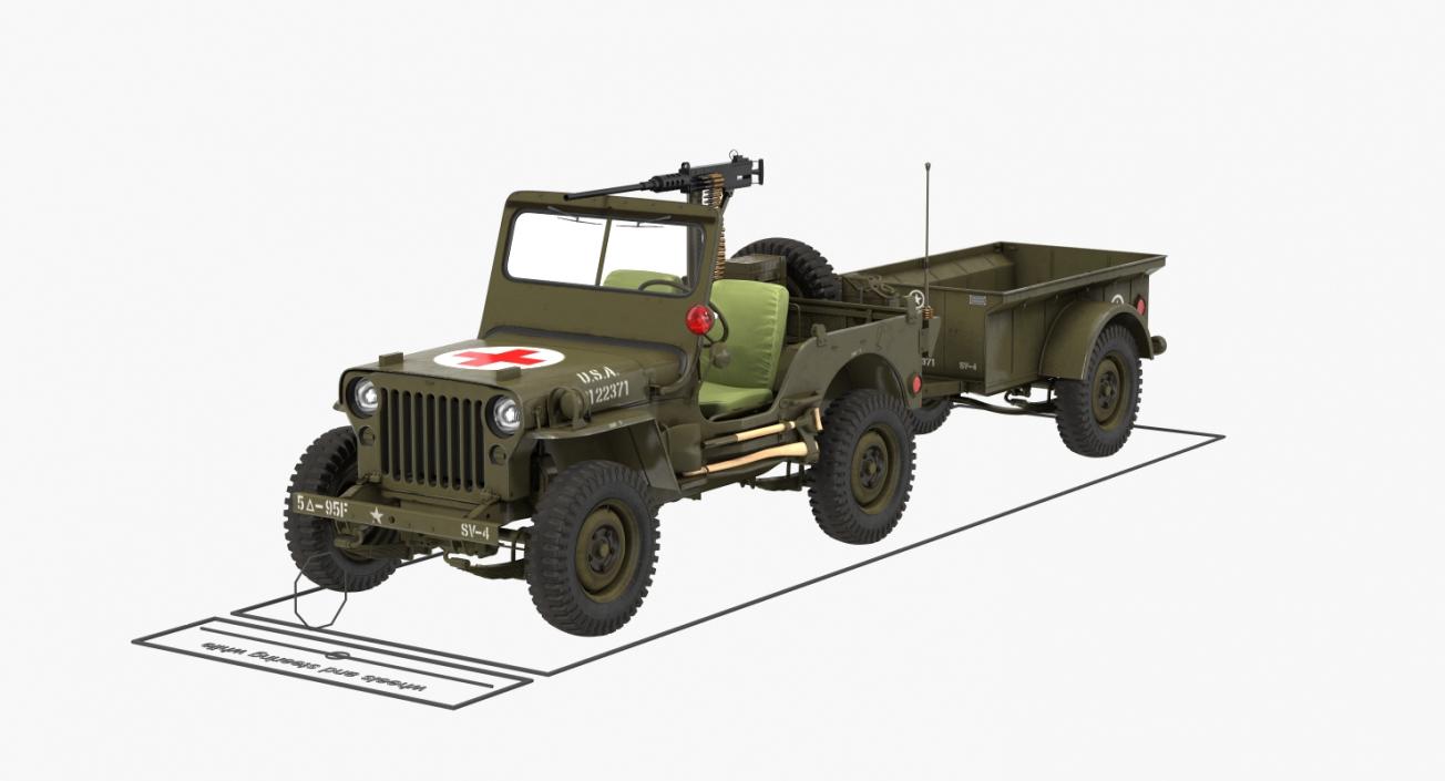 Willys Jeep MB 44 with Trailer Ambulance Rigged 3D