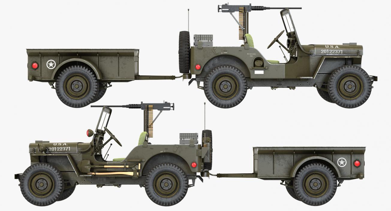 Willys Jeep MB 44 with Trailer Ambulance Rigged 3D