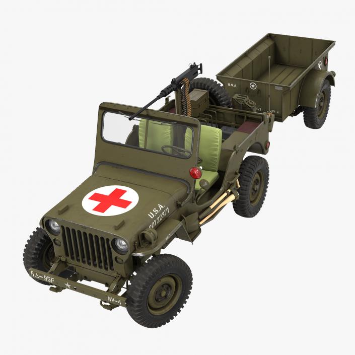 Willys Jeep MB 44 with Trailer Ambulance Rigged 3D