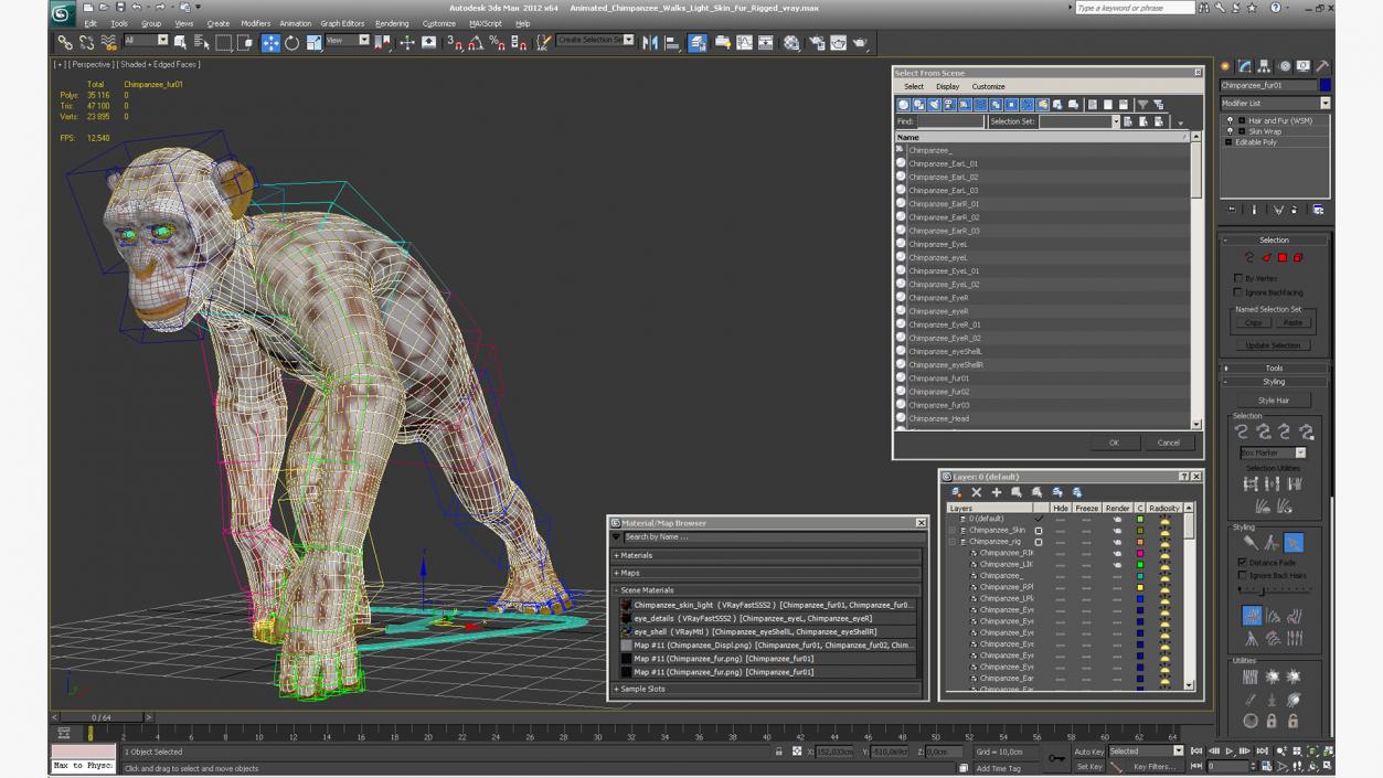 Animated Chimpanzee Walks Light Skin Fur Rigged 3D