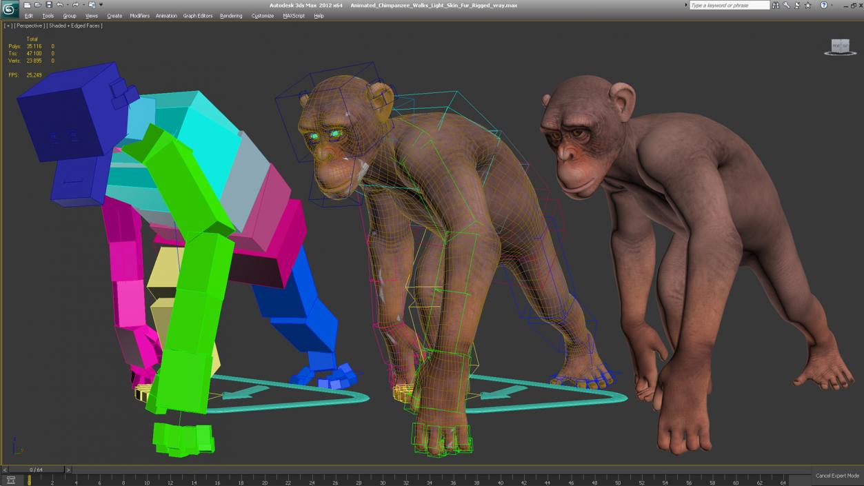 Animated Chimpanzee Walks Light Skin Fur Rigged 3D