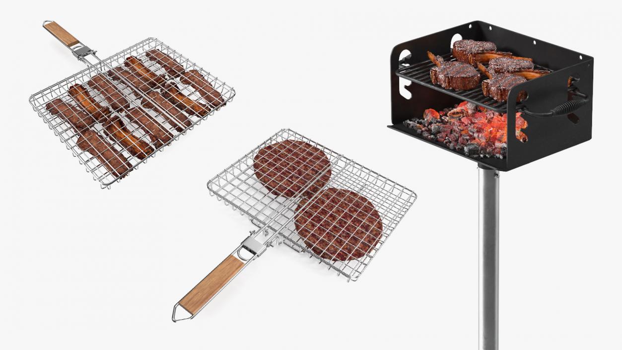 3D model BBQ Handle Grill with Roasted Meat Collection