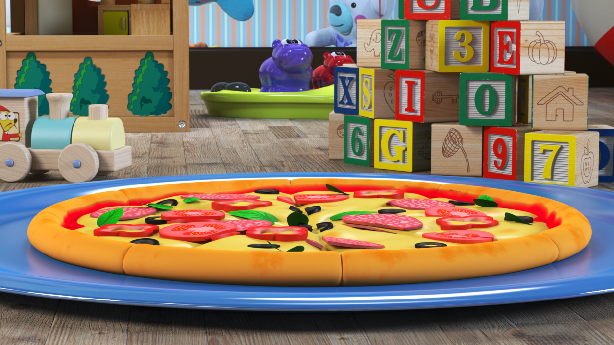 3D Cartoon Pizza Whole Sliced