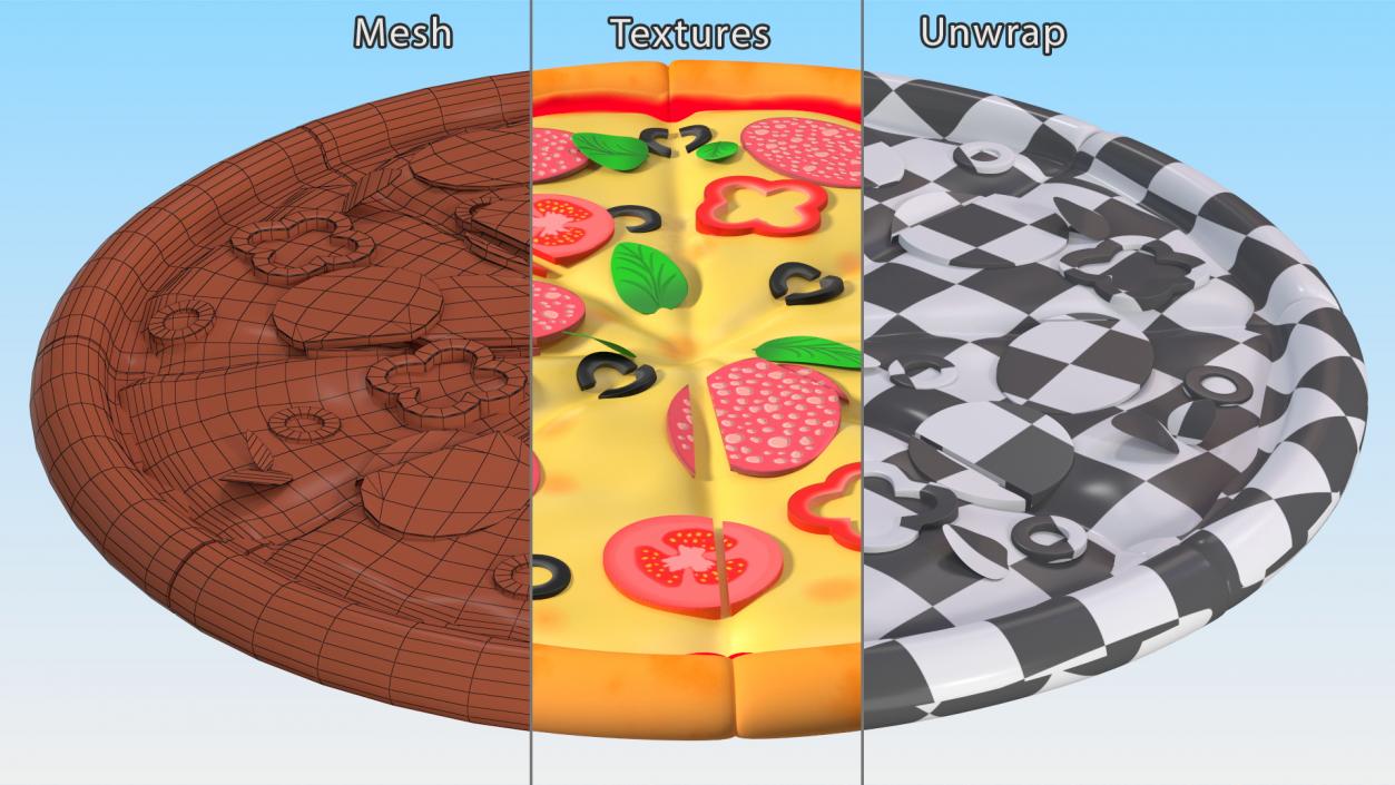 3D Cartoon Pizza Whole Sliced