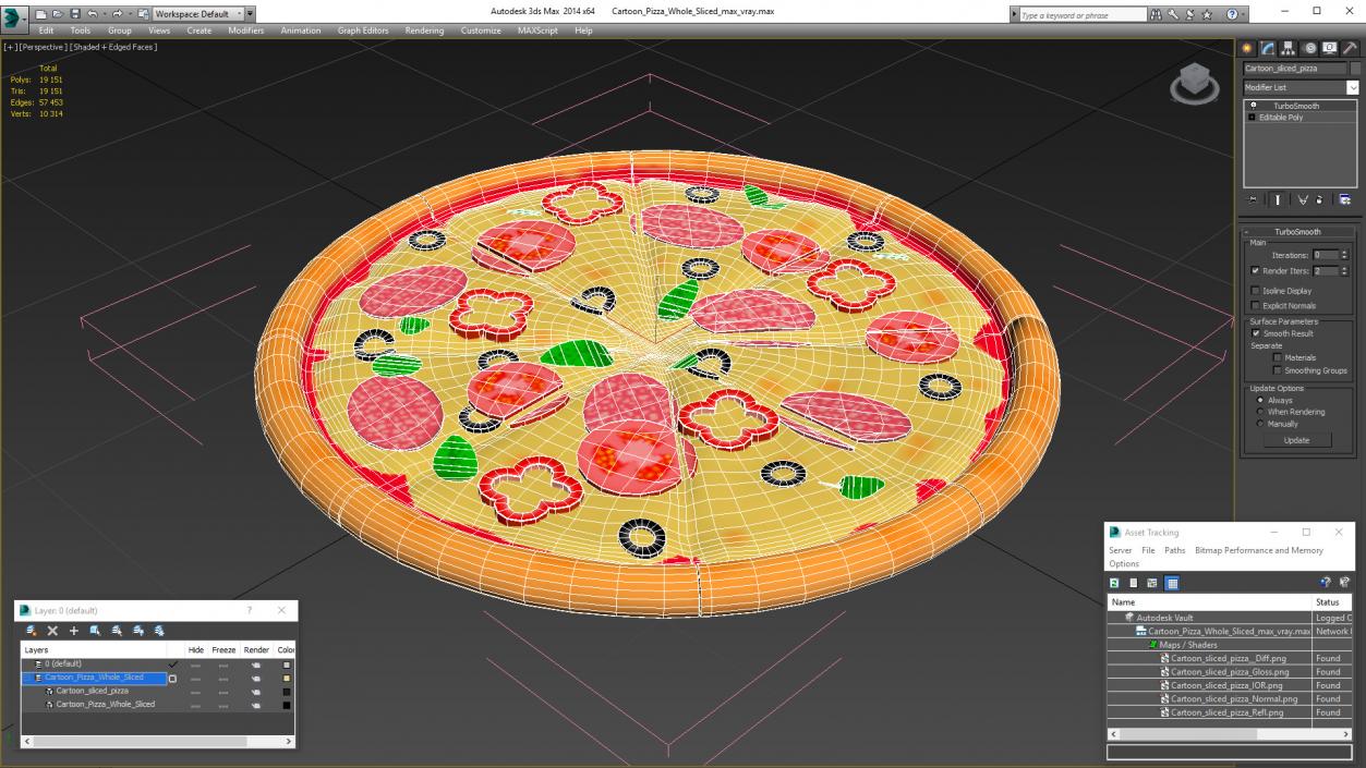 3D Cartoon Pizza Whole Sliced