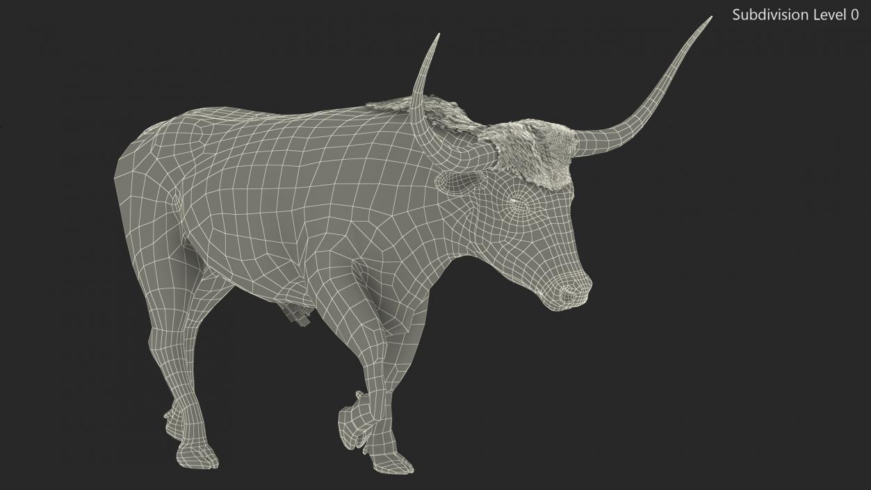 Mottled Brown Longhorn Bull Walking Pose Fur 3D model