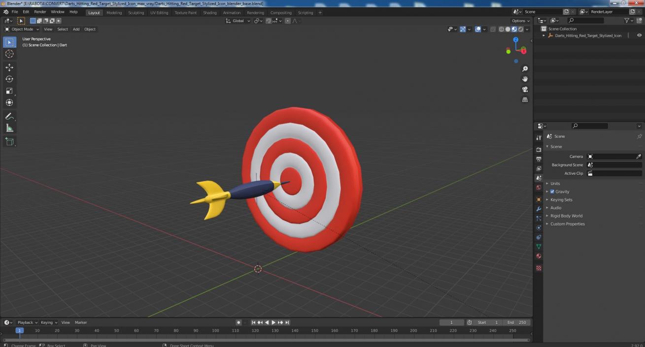 3D Darts Hitting Red Target Stylized Icon model