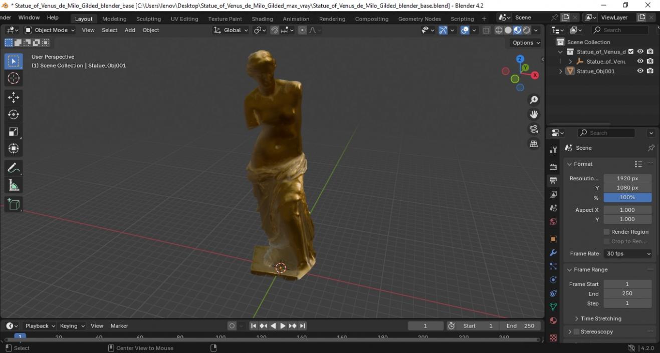 Statue of Venus de Milo Gilded 2 3D