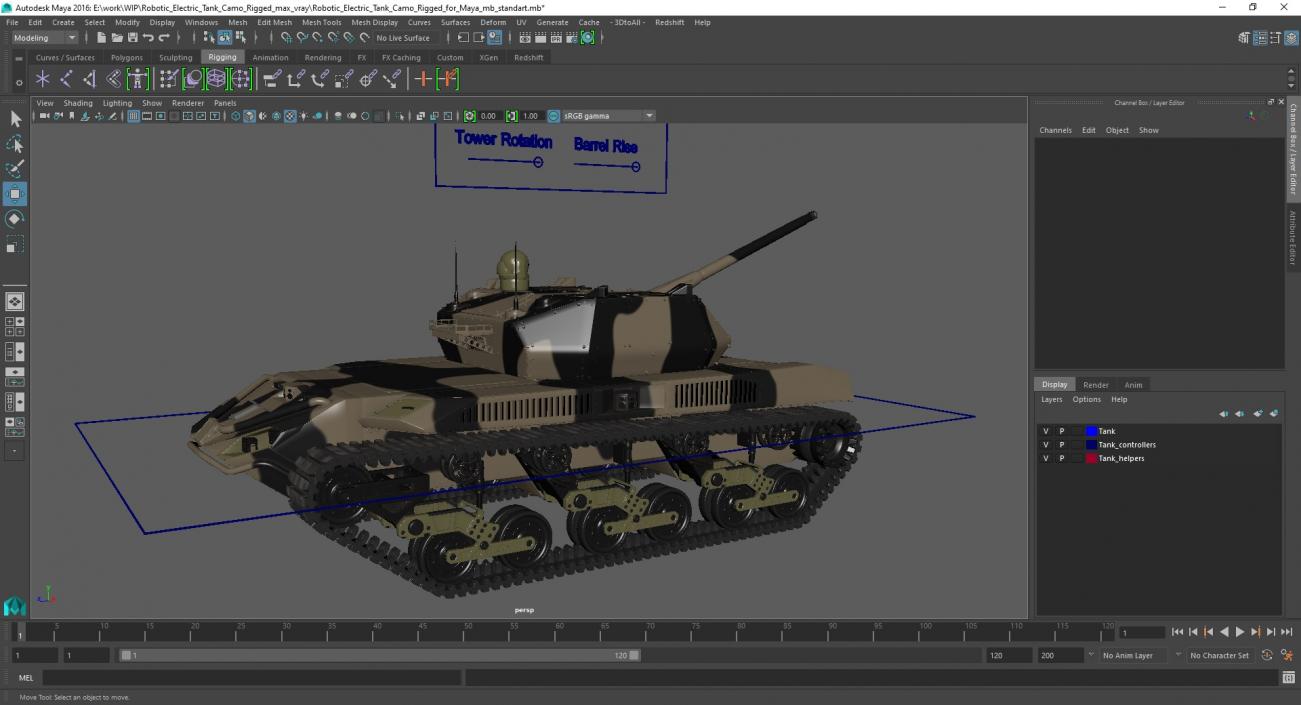 Robotic Electric Tank Camo Rigged for Maya 3D