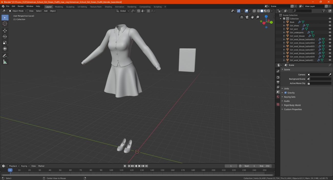 3D American School Girl Green Outfit model