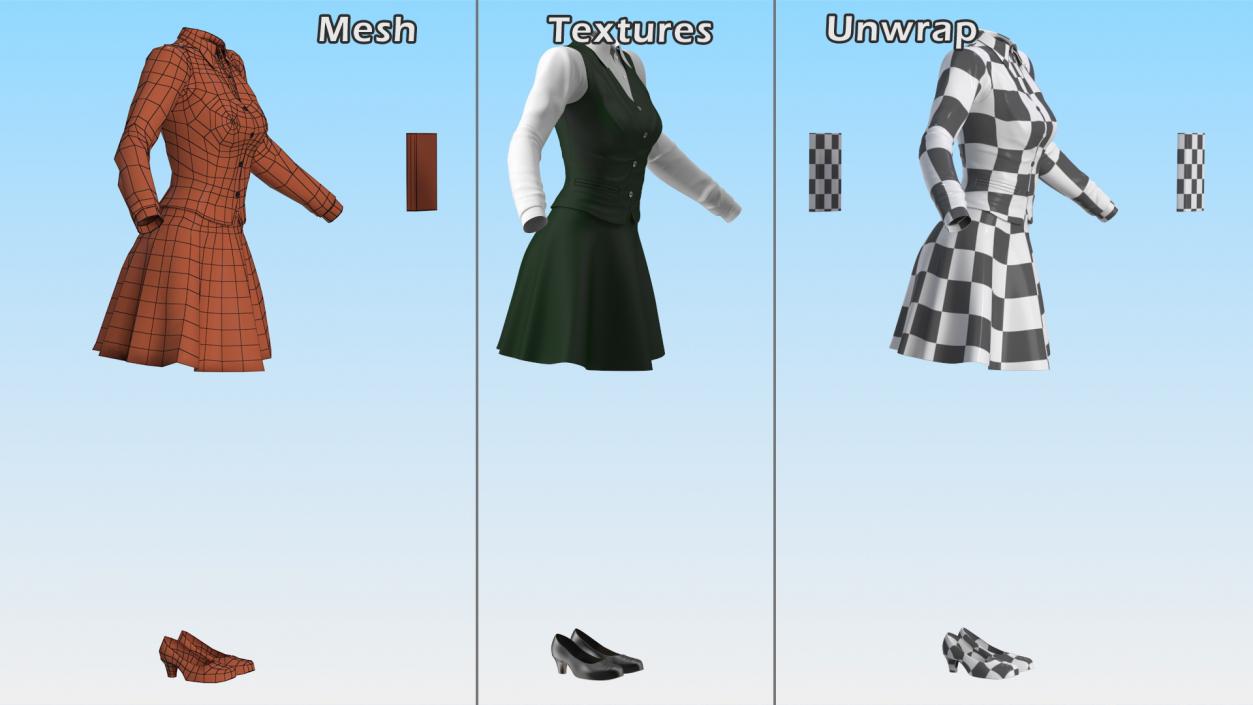 3D American School Girl Green Outfit model