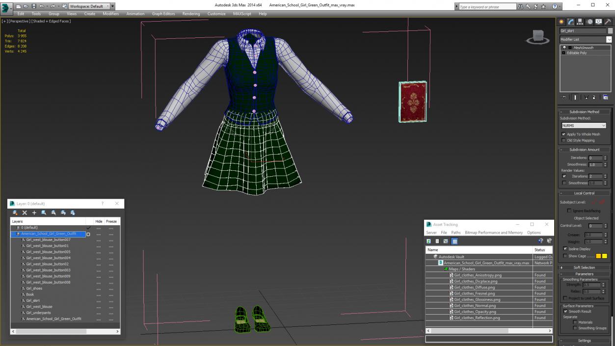 3D American School Girl Green Outfit model