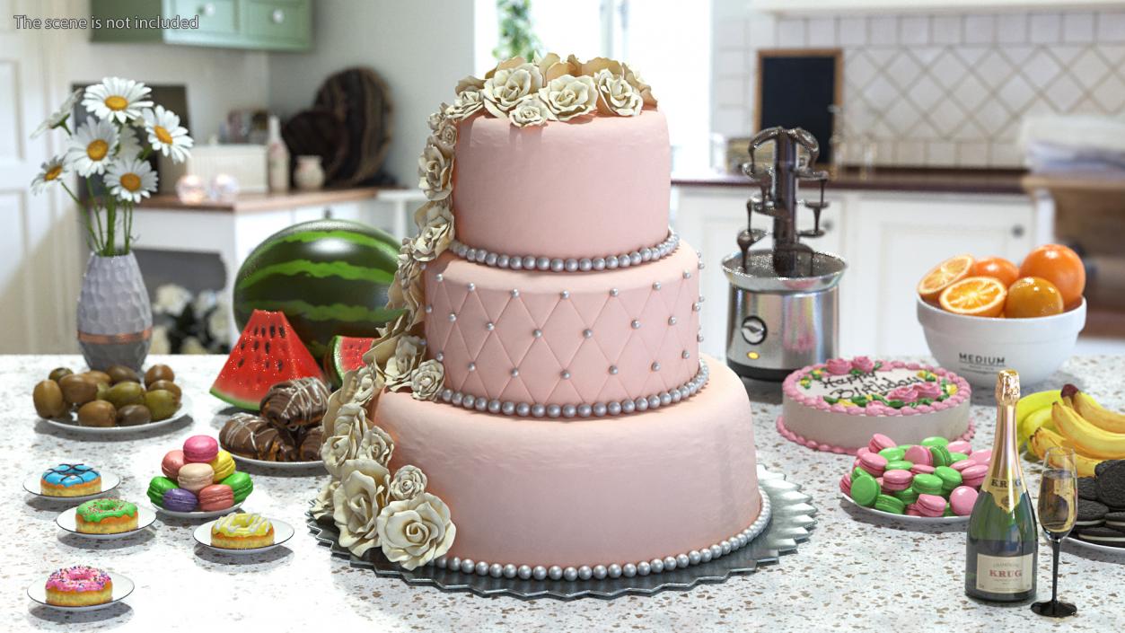 Multilevel Wedding Cake with Sugar Flowers 3D