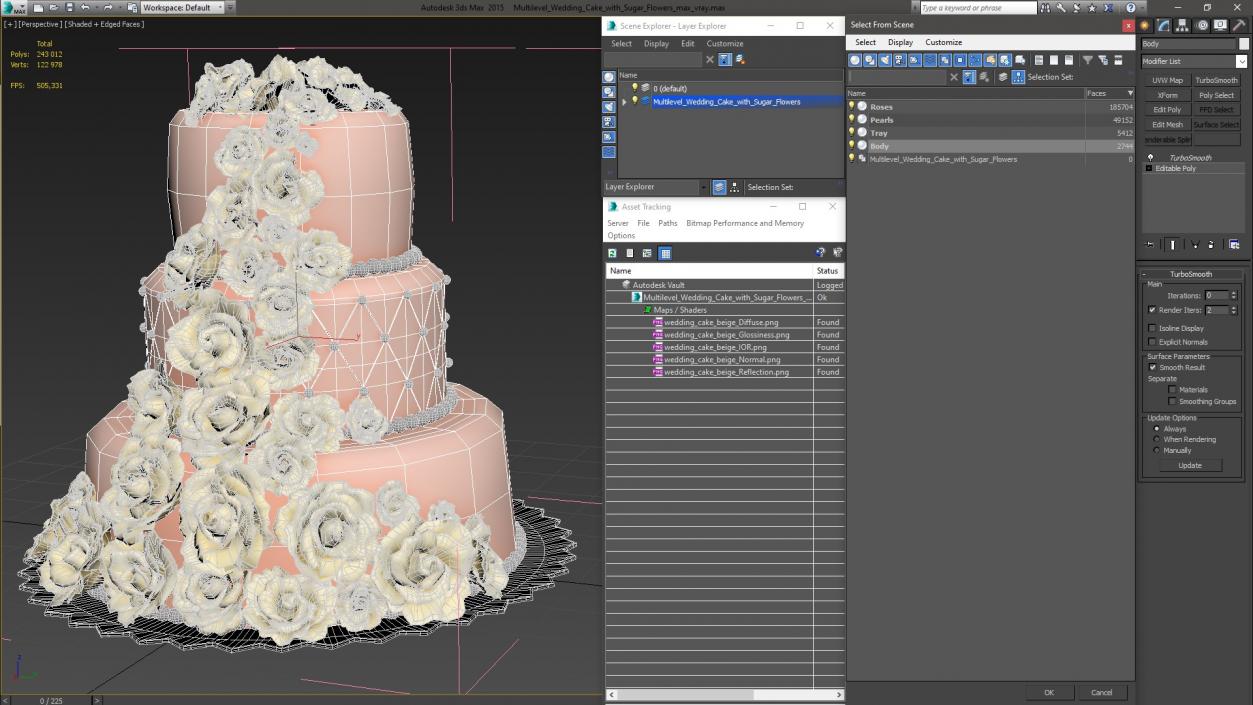 Multilevel Wedding Cake with Sugar Flowers 3D