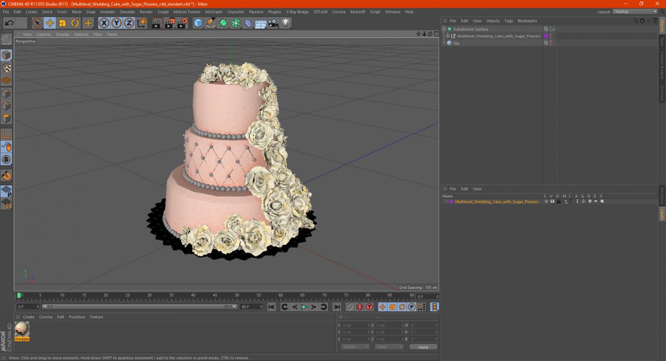 Multilevel Wedding Cake with Sugar Flowers 3D