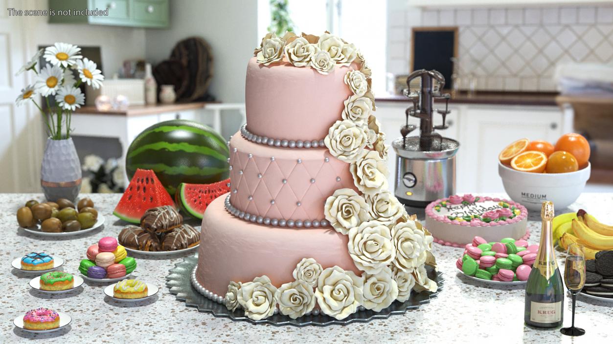 Multilevel Wedding Cake with Sugar Flowers 3D