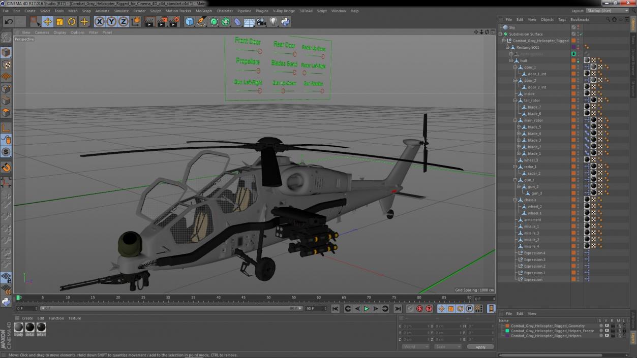 3D Combat Gray Helicopter Rigged for Cinema 4D model