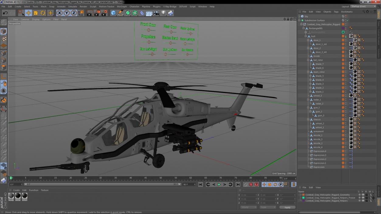 3D Combat Gray Helicopter Rigged for Cinema 4D model