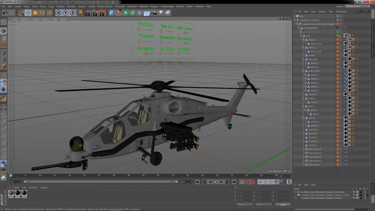 3D Combat Gray Helicopter Rigged for Cinema 4D model