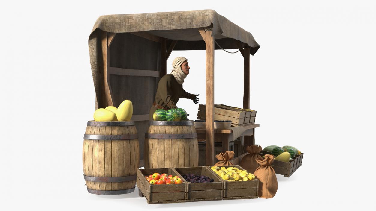 3D model Medieval Merchant with Market Stall