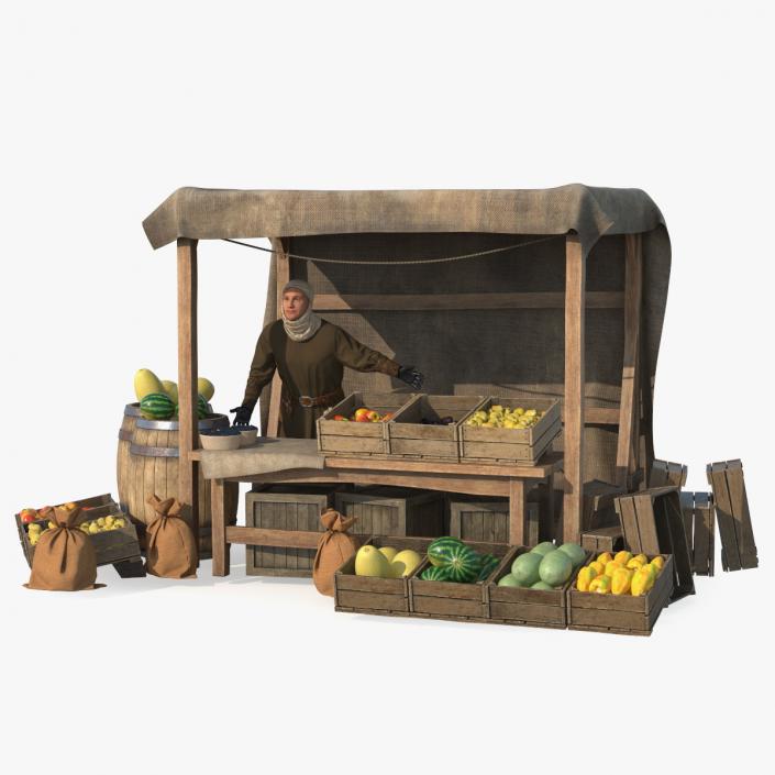 3D model Medieval Merchant with Market Stall