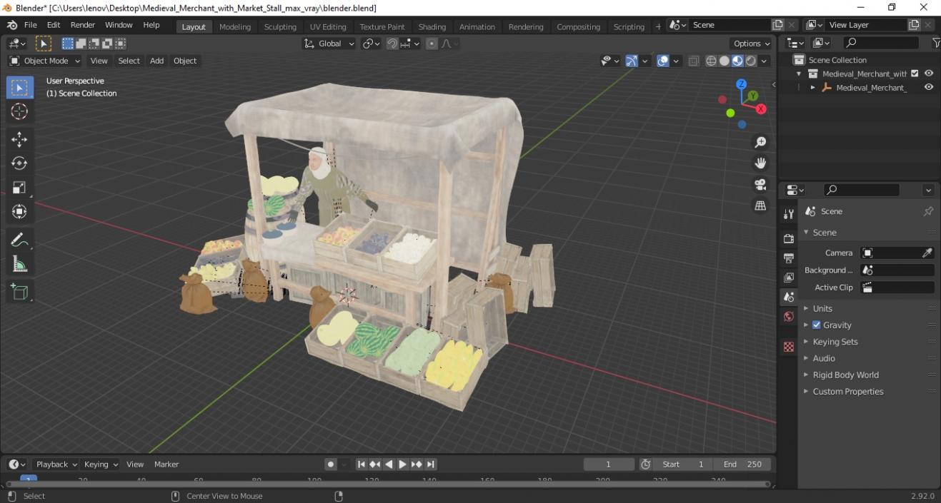 3D model Medieval Merchant with Market Stall