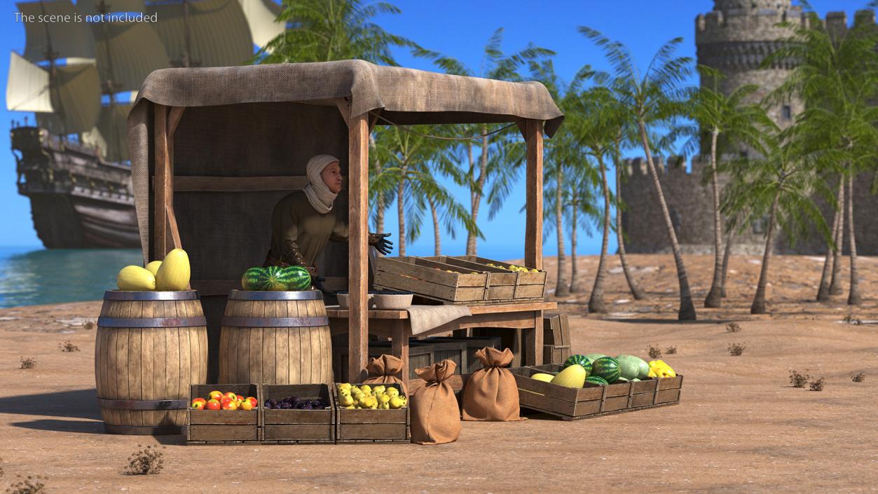 3D model Medieval Merchant with Market Stall