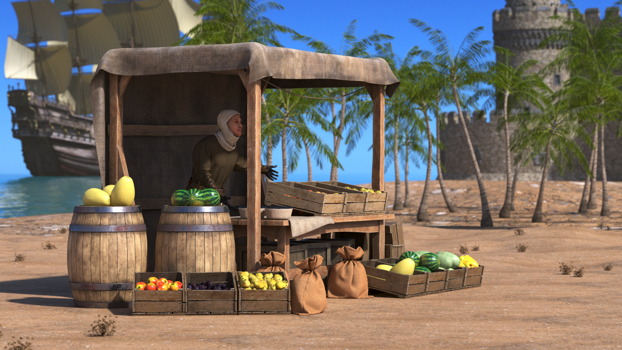 3D model Medieval Merchant with Market Stall