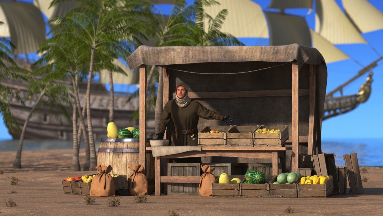 3D model Medieval Merchant with Market Stall