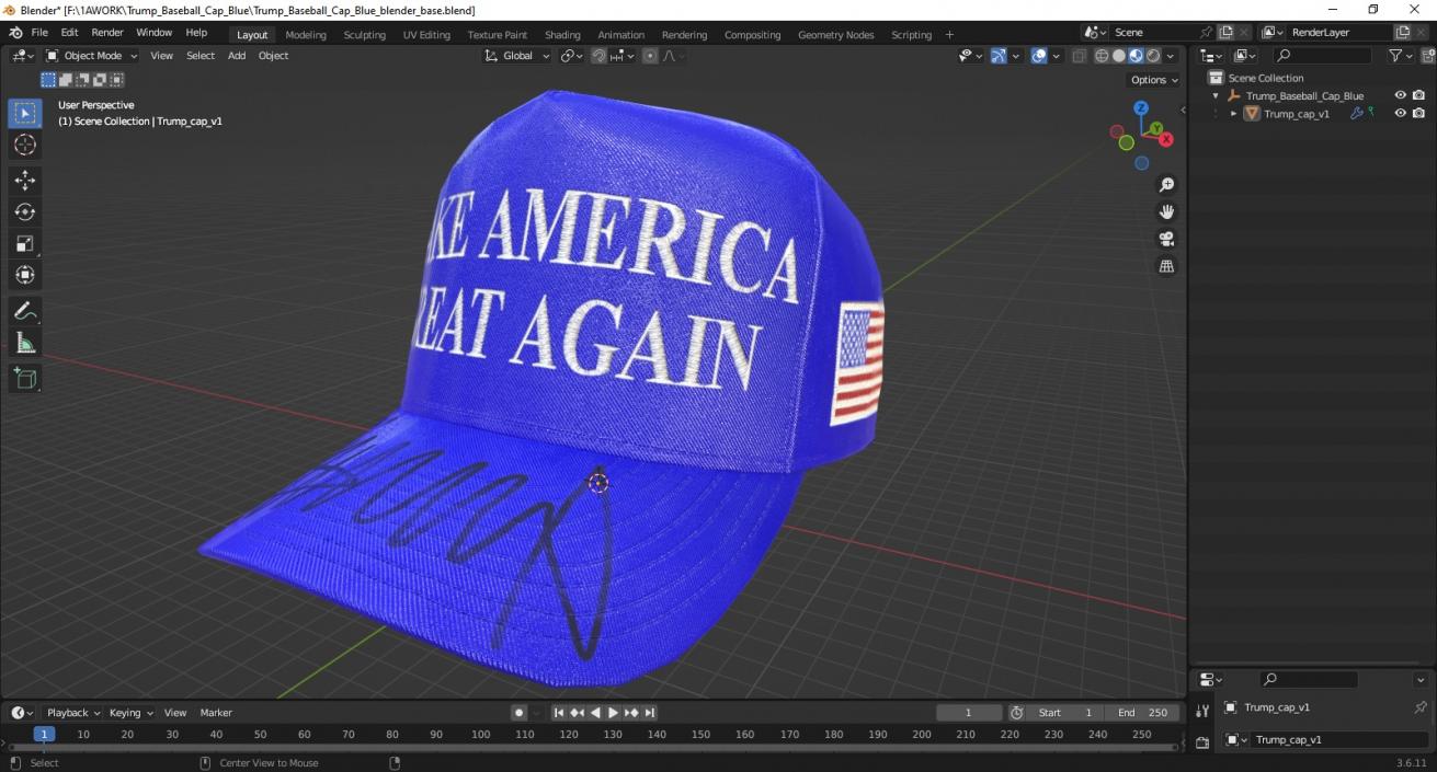 3D Trump Baseball Cap Blue model