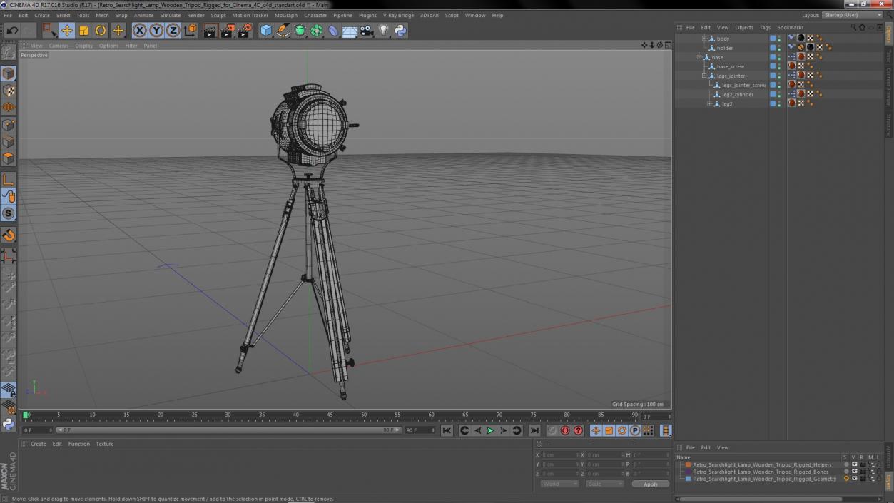 Retro Searchlight Lamp Wooden Tripod Rigged for Cinema 4D 3D