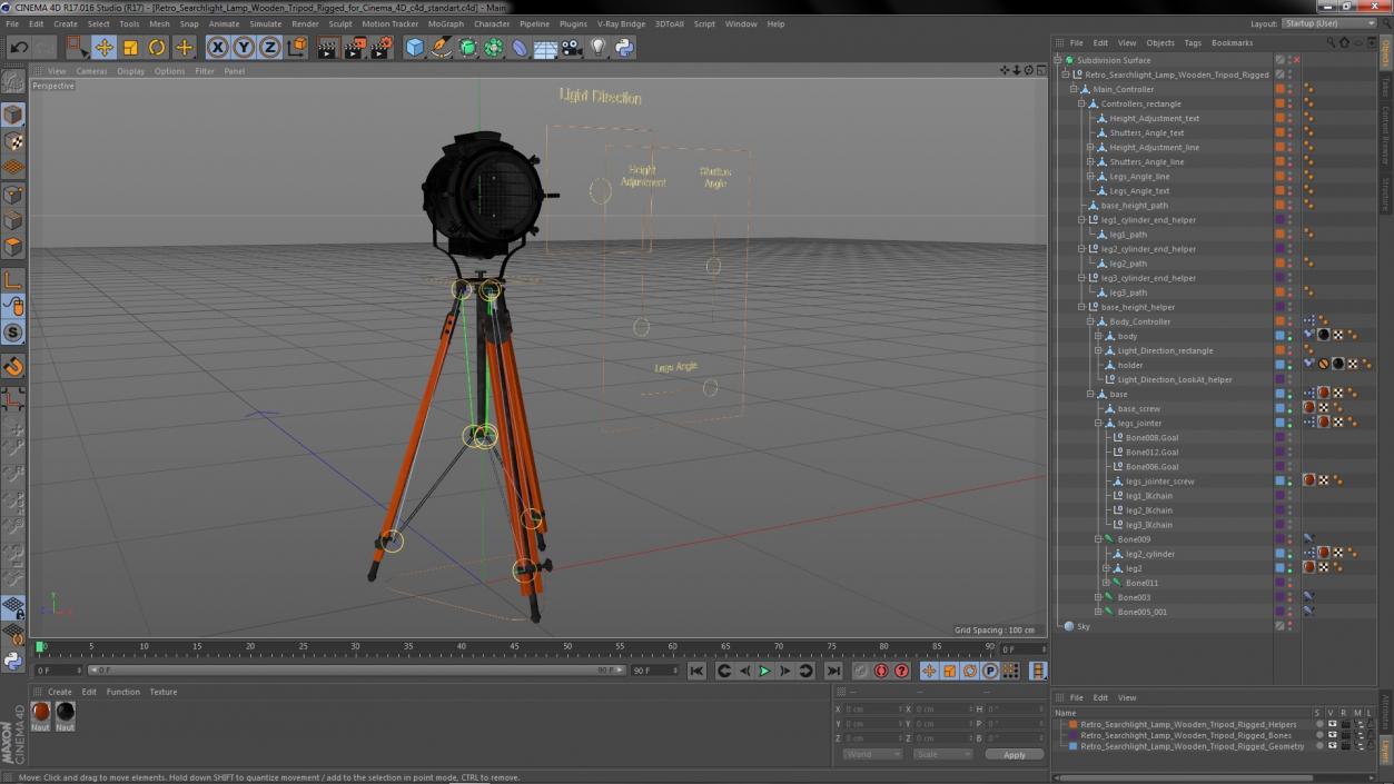 Retro Searchlight Lamp Wooden Tripod Rigged for Cinema 4D 3D