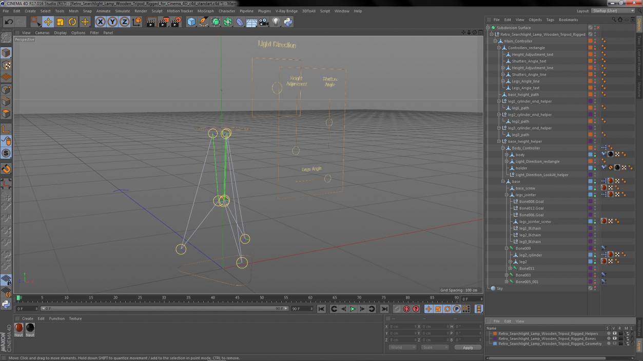 Retro Searchlight Lamp Wooden Tripod Rigged for Cinema 4D 3D