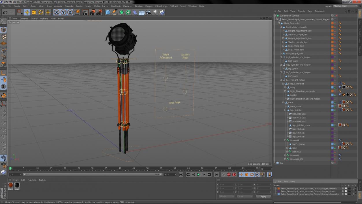 Retro Searchlight Lamp Wooden Tripod Rigged for Cinema 4D 3D