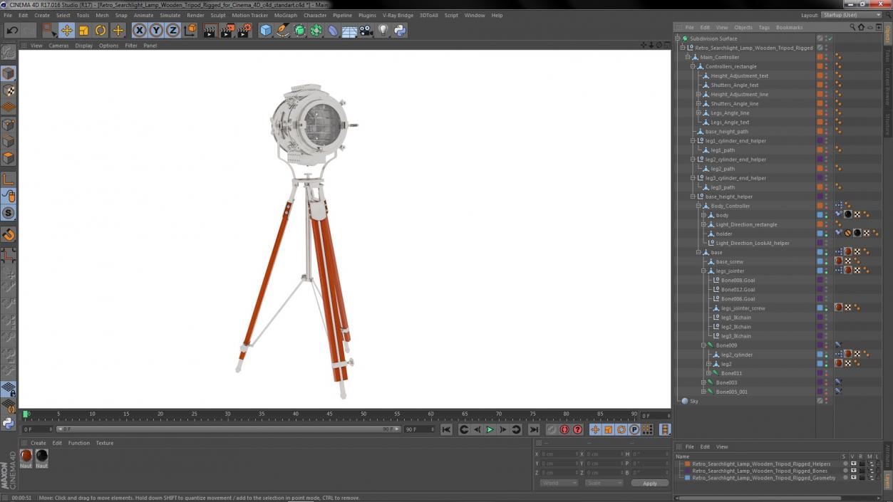 Retro Searchlight Lamp Wooden Tripod Rigged for Cinema 4D 3D