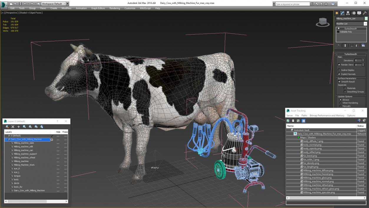 Dairy Cow with Milking Machine Fur 3D model