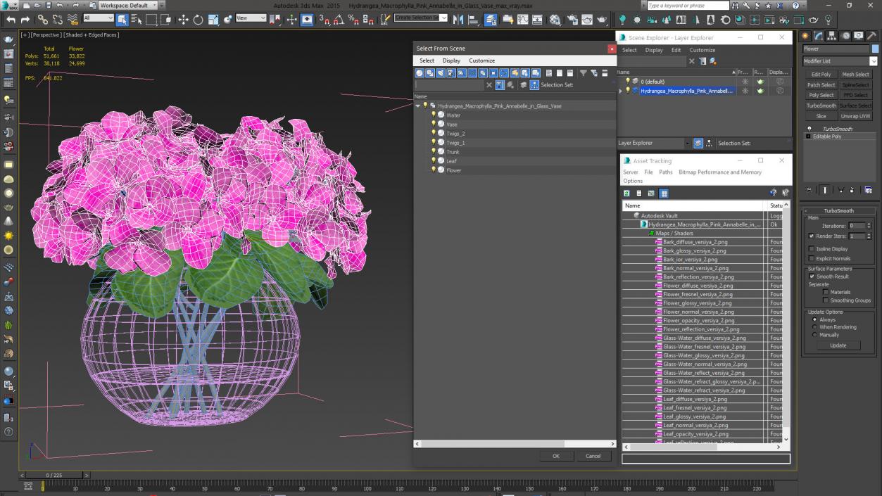 3D model Hydrangea Macrophylla Pink Annabelle in Glass Vase