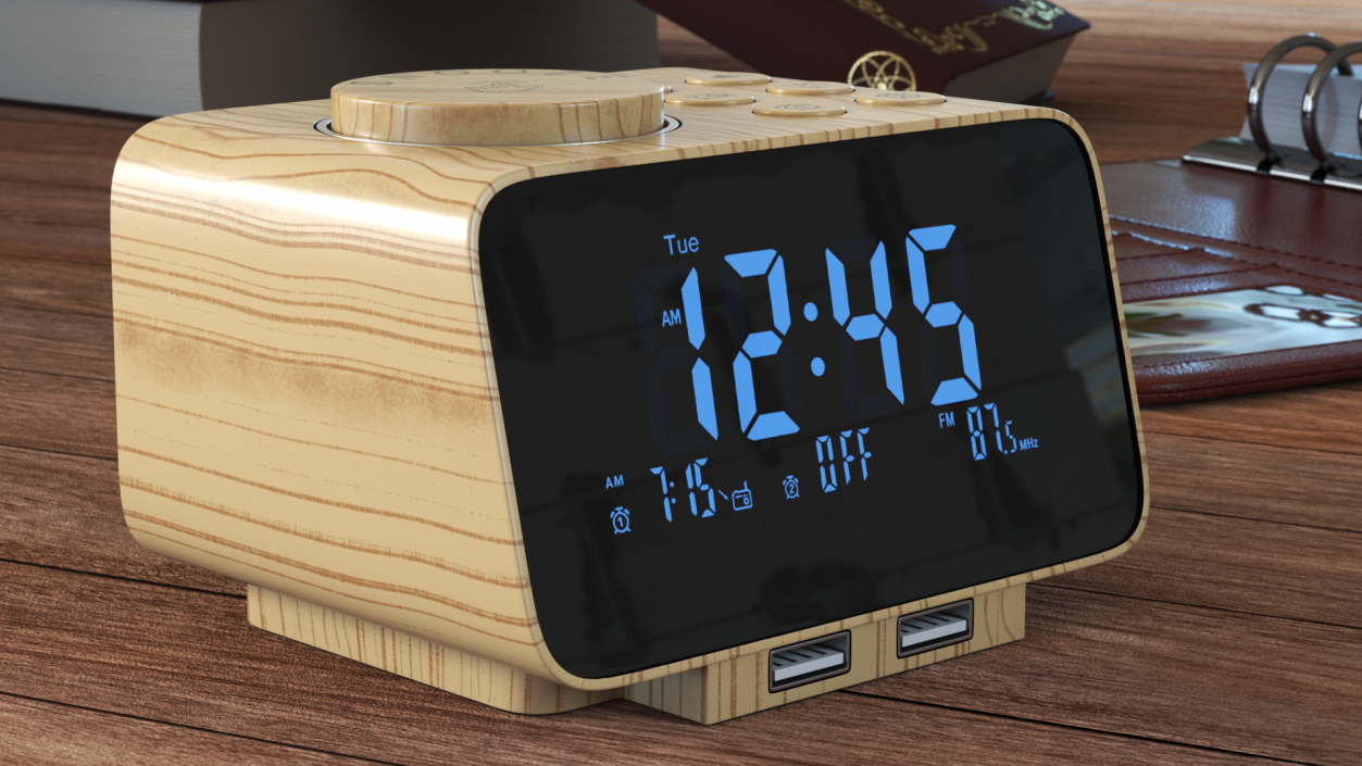 Digital Alarm Clock Radio Wooden 3D