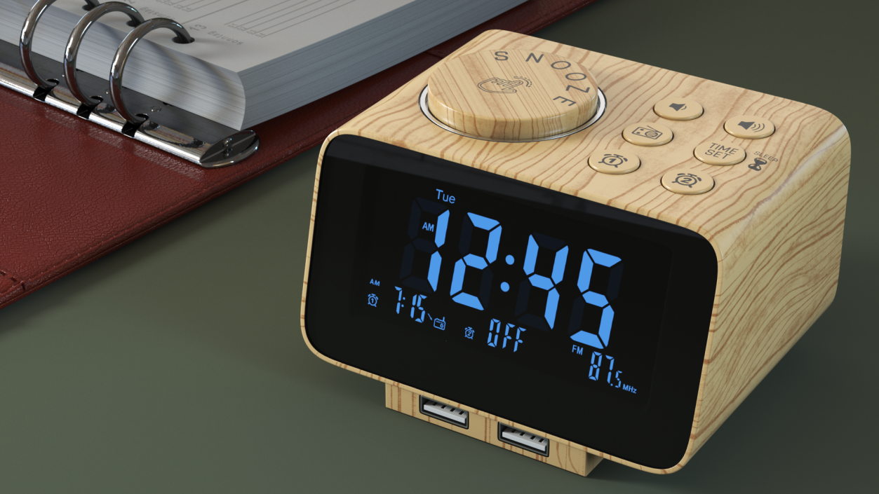 Digital Alarm Clock Radio Wooden 3D