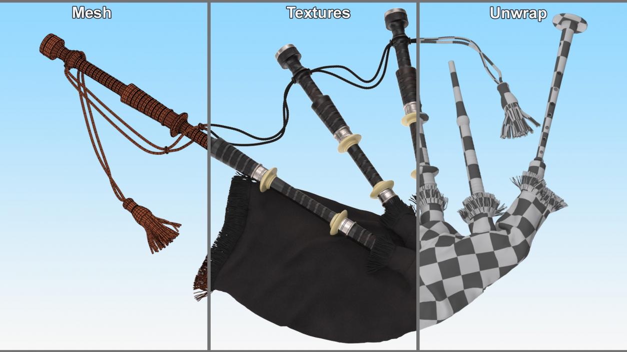 3D Scottish Bagpipes Instrument Black 2