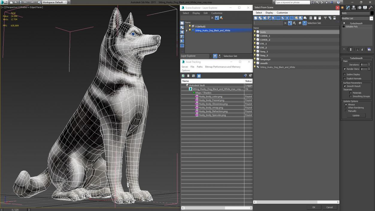 3D Sitting Husky Dog Black and White model