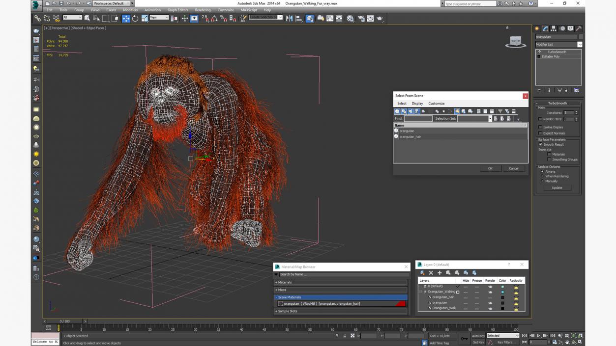 3D Orangutan Walking Fur