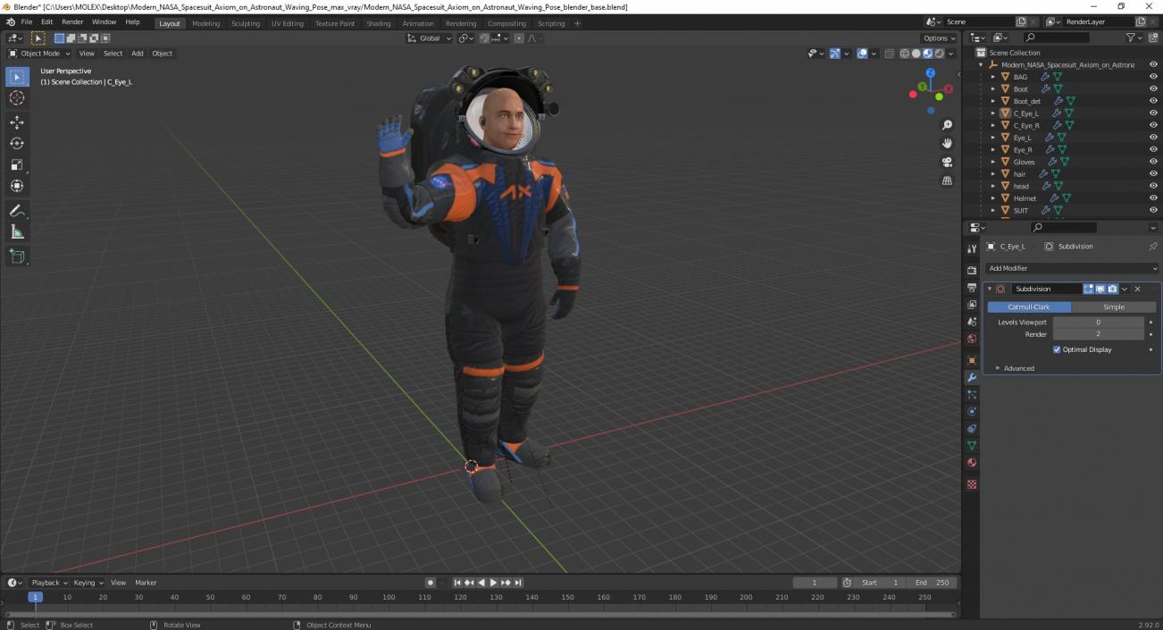 Modern NASA Spacesuit Axiom on Astronaut Waving Pose 3D