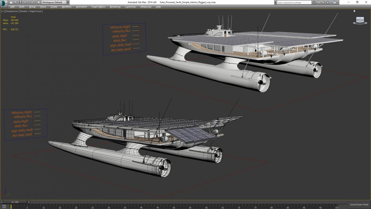 Solar Powered Yacht Simple Interior Rigged 3D