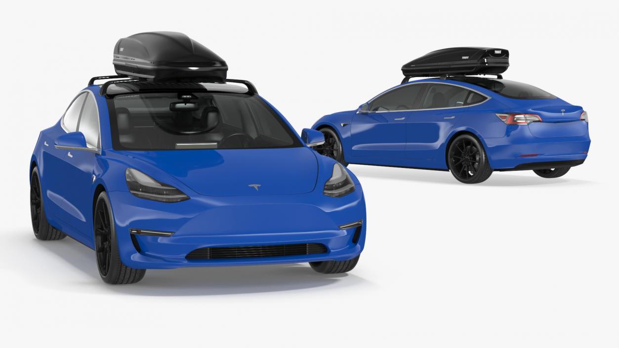 3D Tesla with Thule Car Roofbox on Roof Rack